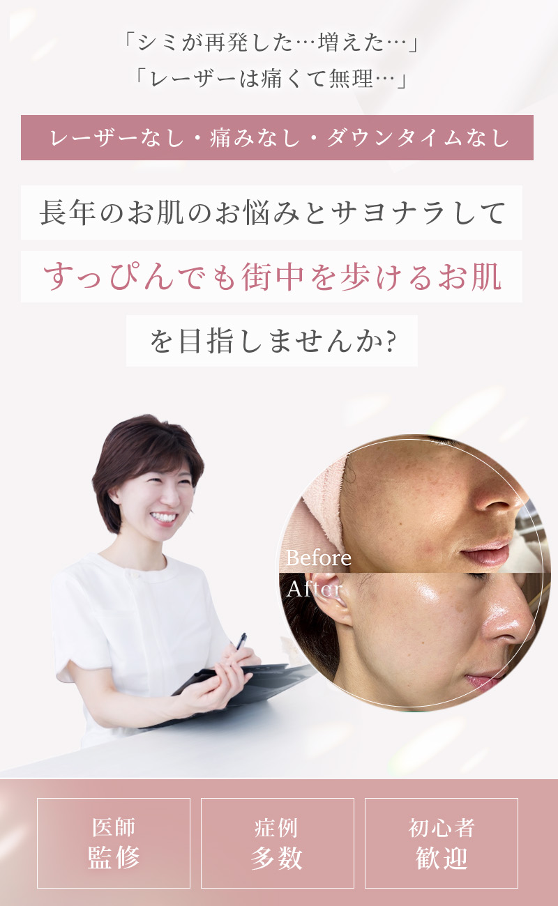 Skincare clinic poster promoting laserless, painless facial treatment; clinician with a clipboard beside a circular before/after skin image.